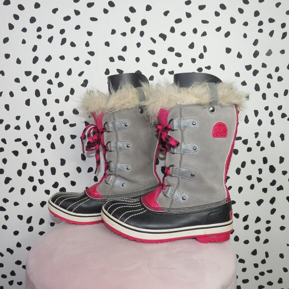 Sorel Gray Faux Fur Trim Girls Lace Up Winter Tofino Boots - Picture 4 of 8